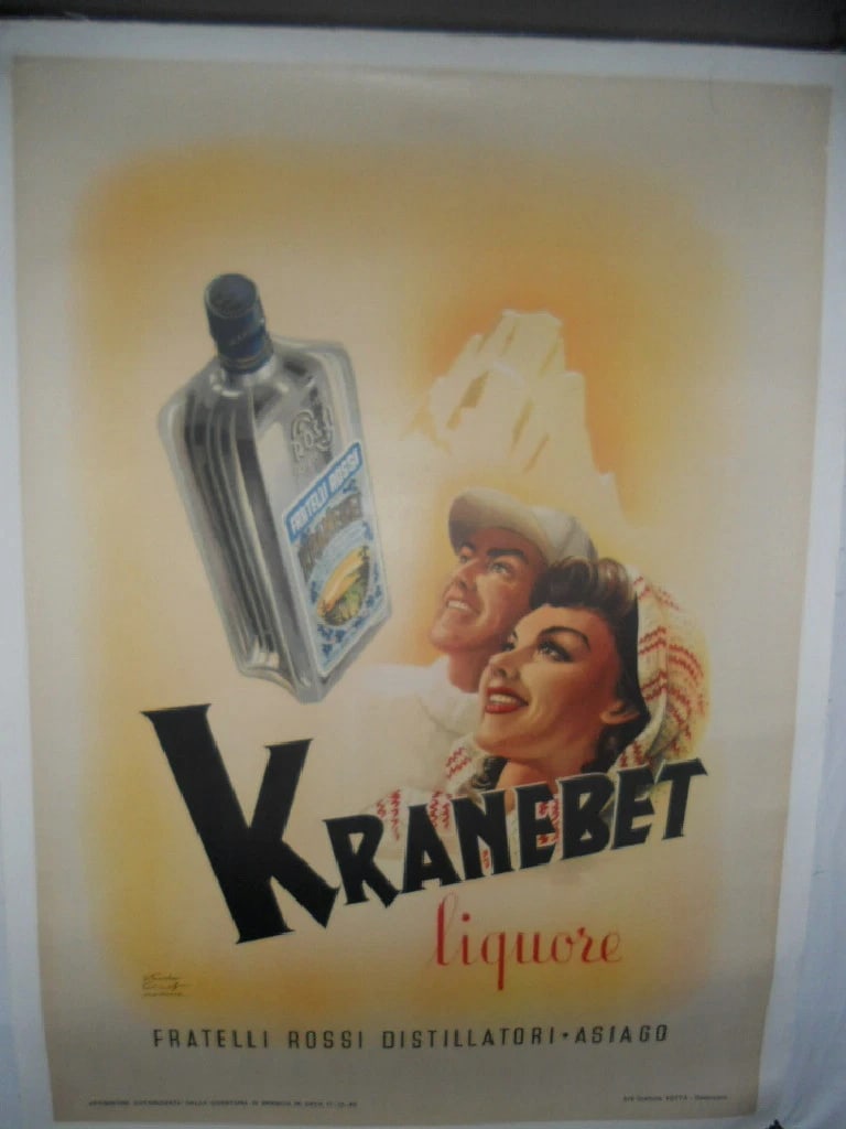 Original Vintage 1946 Kranebet Italian Liquore Poster Linen Backed: Title: Original Vintage 1946 Kranebet Italian Liquore Poster Linen Backed Description: Kranebet is an original 1946 Italian liqueur poster created by Padona. The bottle label is totally legible and li