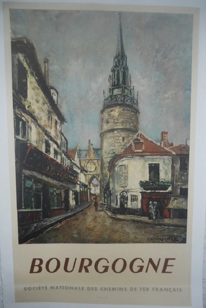 Original Vintage 1949 Bourgogne FrenchTravel Poster Linen Backed: Title: Original Vintage 1949 Bourgogne FrenchTravel Poster Linen Backed Description: In 1941, The French Railroad (Societe Nationale des Chemins de Fer Francais) commissioned H. deWaroquier to create