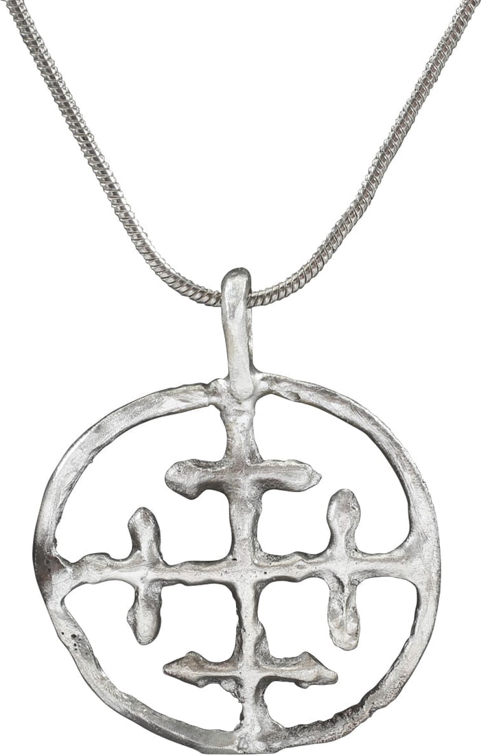 CRUSADER'S CROSS PENDANT NECKLACE, 11TH-13TH CENTURY.: 1096-1291. An actual pendant was worn by a crusader nearly 1000 years ago! Circular, pierced with a cross potent, "crutches" at the beam ends. That form is also known as the Crusader's cross, having