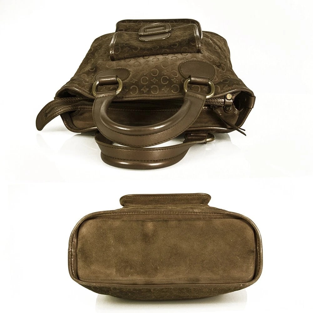 Celine Monogram Brown Suede Shiny Leather Top Handles Grab bag Handbag - 3