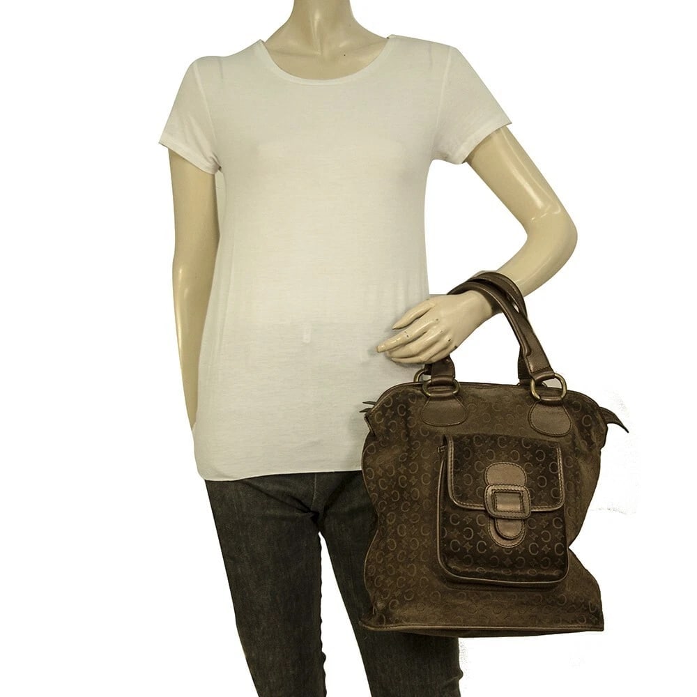 Celine Monogram Brown Suede Shiny Leather Top Handles Grab bag Handbag - 7
