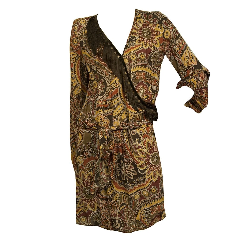 PINKO Paisley Printed Multicolored Viscose Longsleeve V neck Mini Dress- Sz 42 - 7