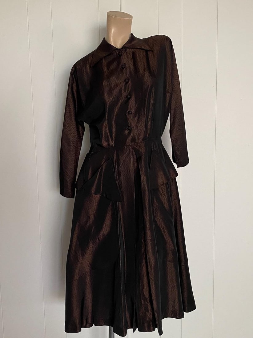 Vintage 1950s Coppery Brown Cocktail Dress Sz M L W 28.5 (1 of 9)