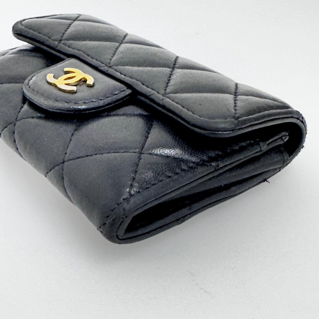 CHANEL Black Quilted Leather Card Holder with Gold Logo - 3