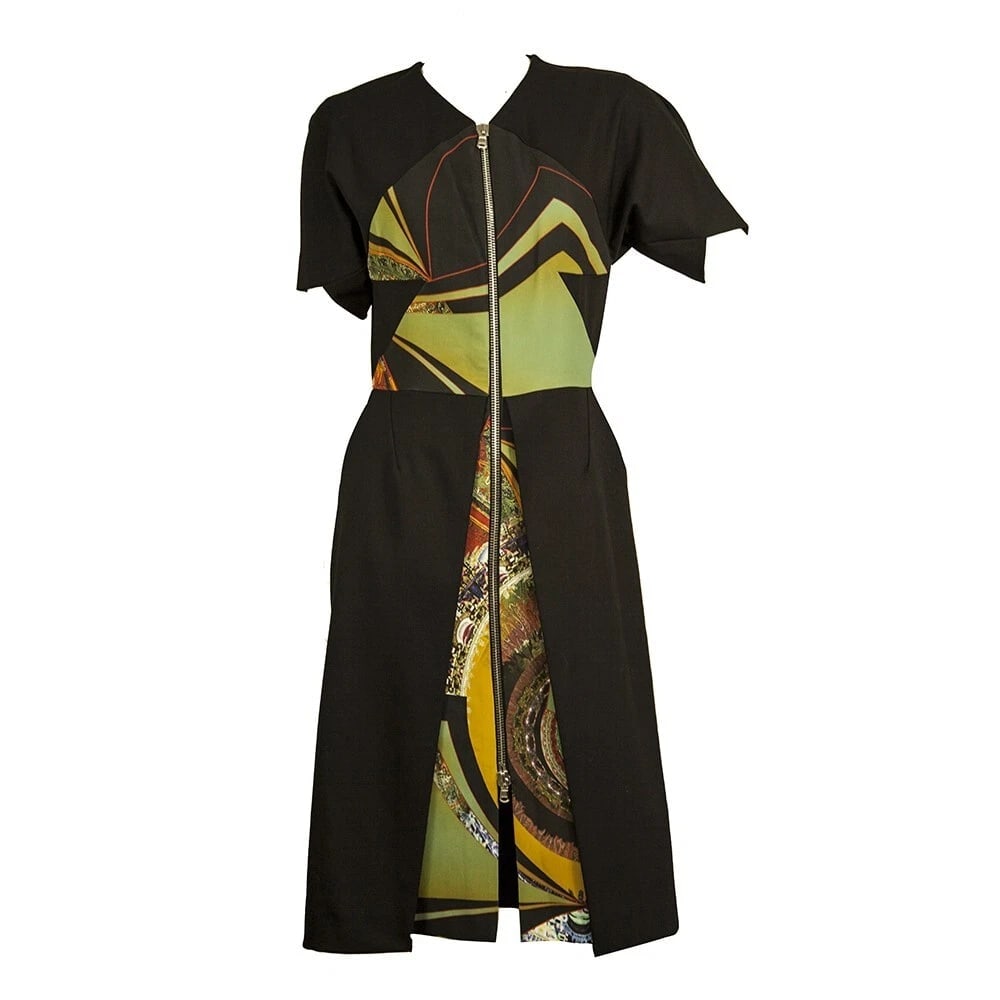 ETRO Black Green Zipper Front Short Sleeve Robe Manteau Dress Coat size 40 - 6