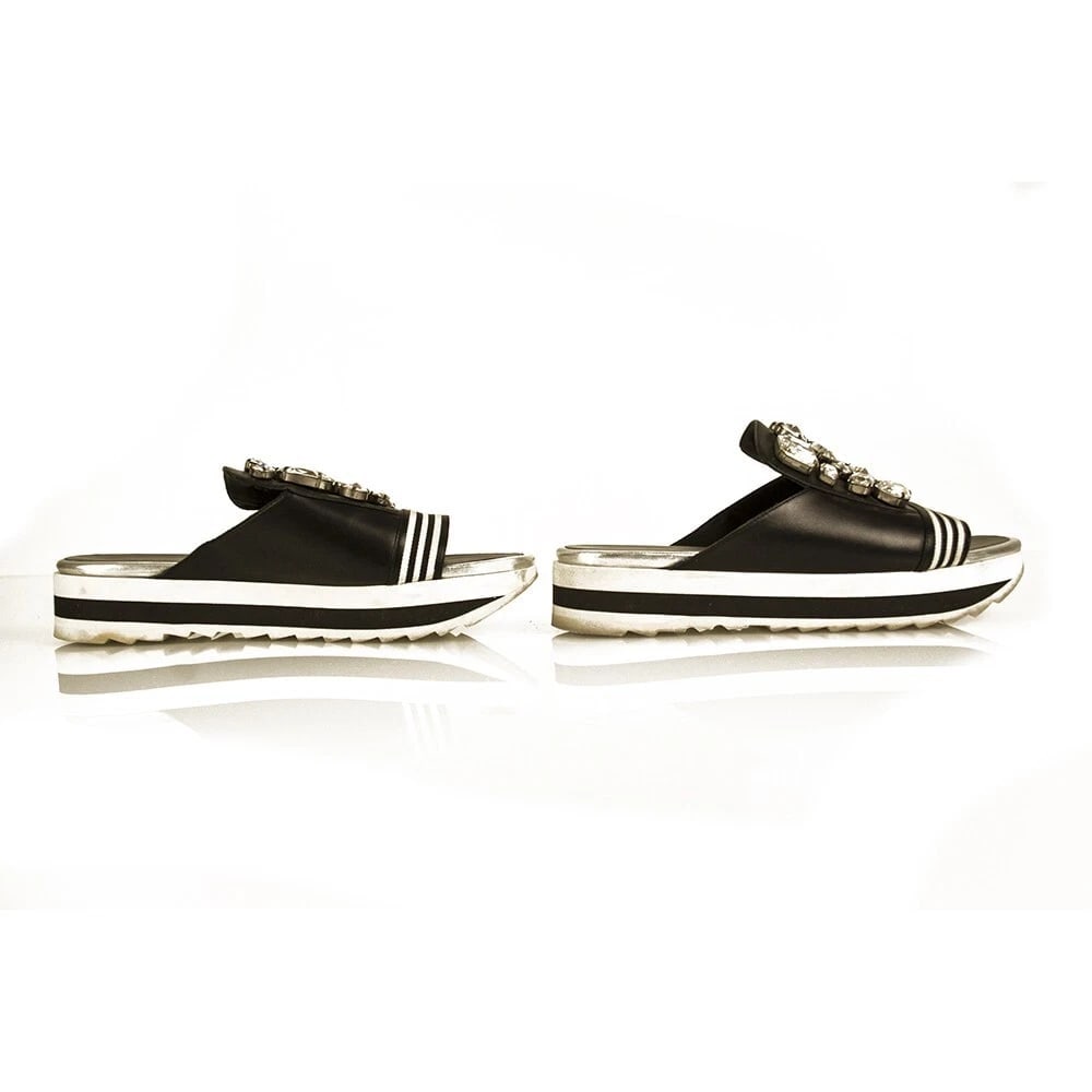 Eddy Daniele Black Leather Bejeweled Slides Flatform Sandals Shoes size 40 - 4