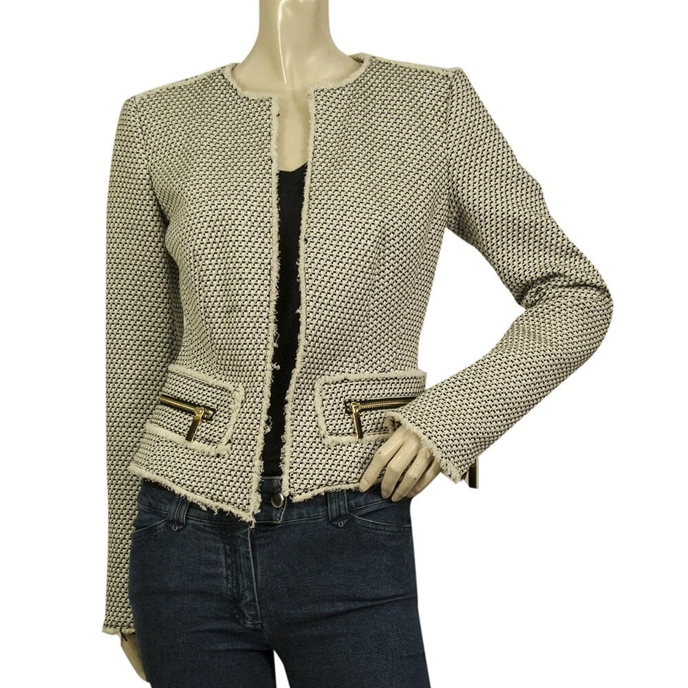 Michael Kors Black & White Open Front Zippers Cotton Linen Tweed jacket size 2 (1 of 6)