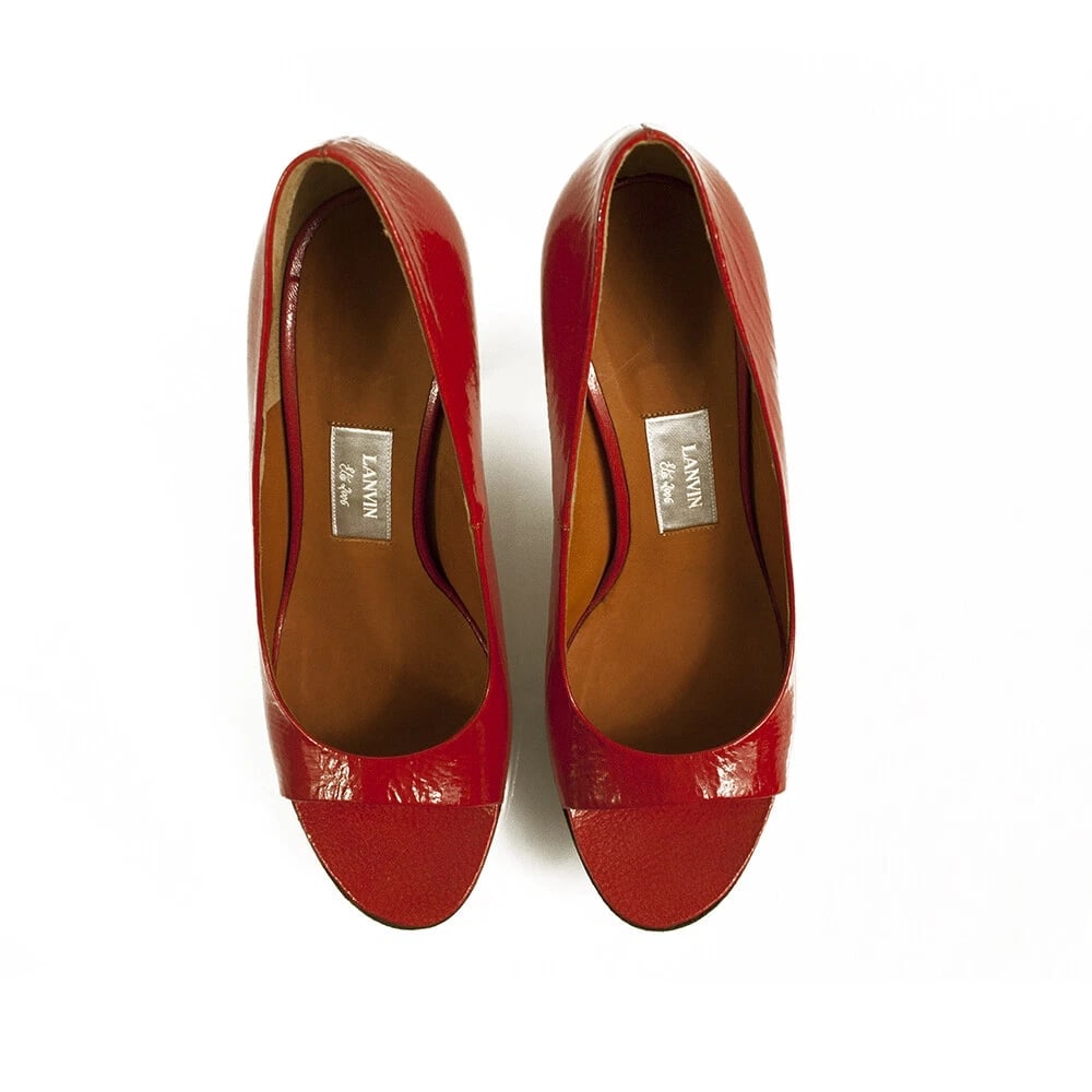 Lanvin Red Patent Leather Wooden Heel Platform Peep Toe Pumps Shoes Size 40 - 2