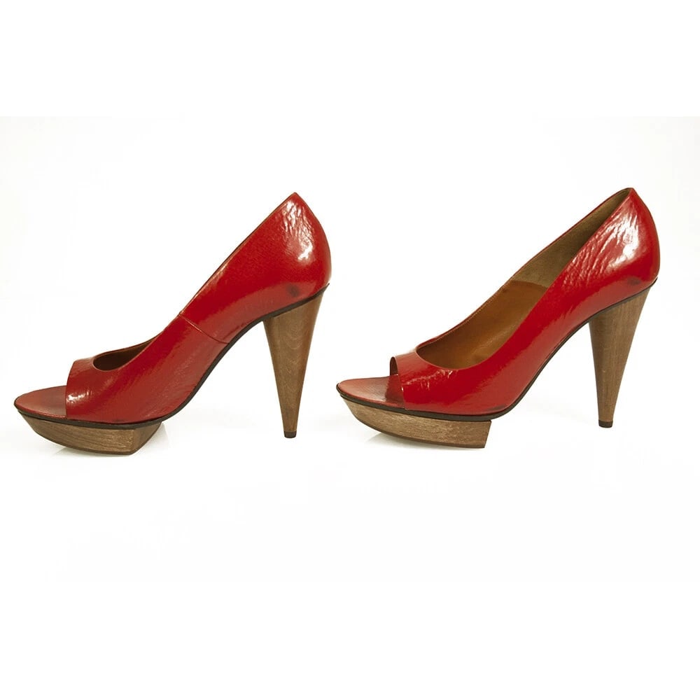 Lanvin Red Patent Leather Wooden Heel Platform Peep Toe Pumps Shoes Size 40 - 4
