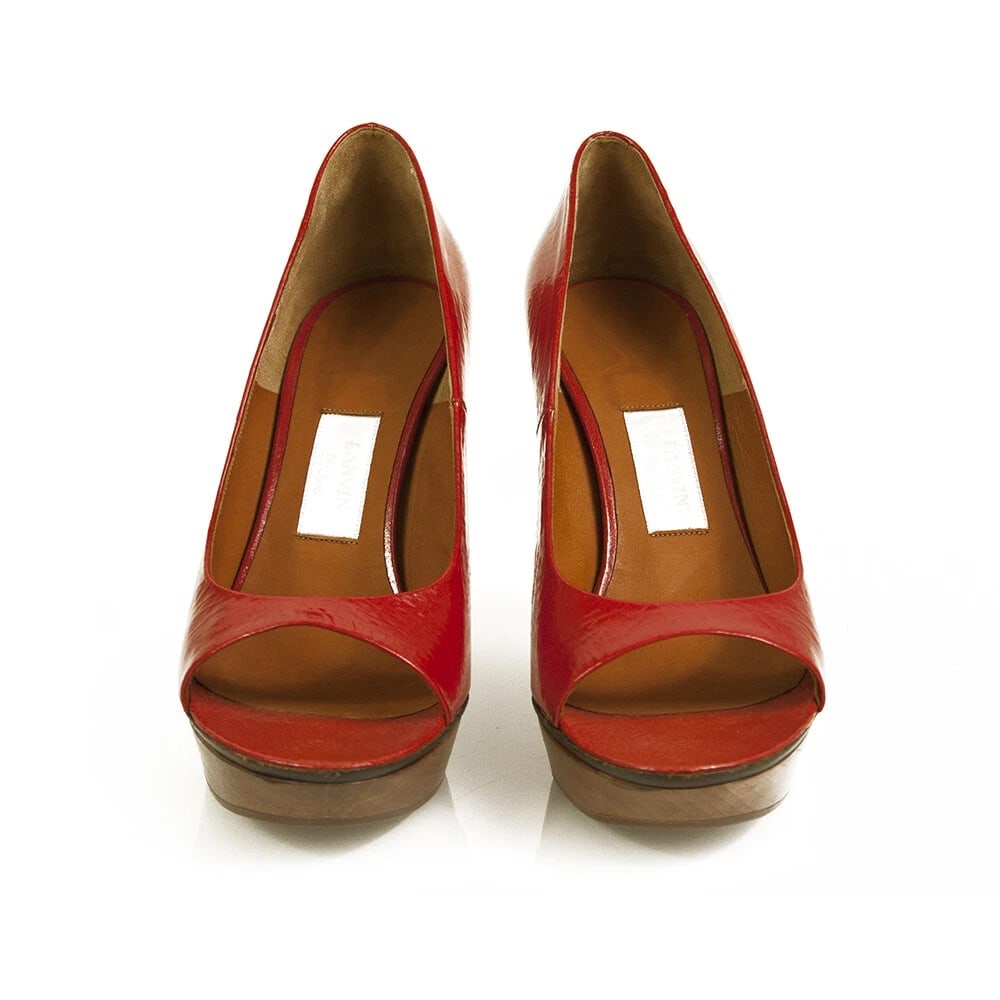 Lanvin Red Patent Leather Wooden Heel Platform Peep Toe Pumps Shoes Size 40 - 6