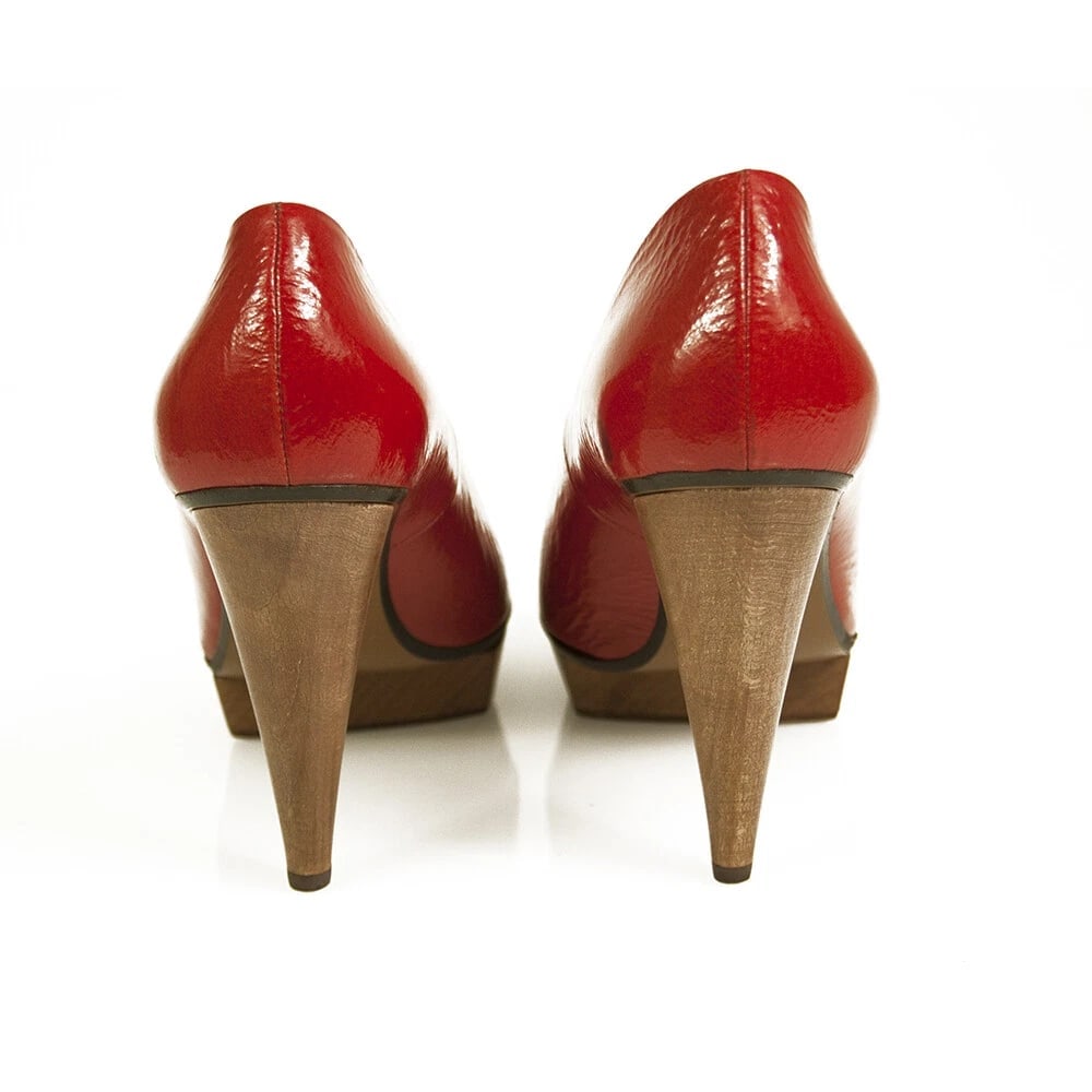 Lanvin Red Patent Leather Wooden Heel Platform Peep Toe Pumps Shoes Size 40 - 7