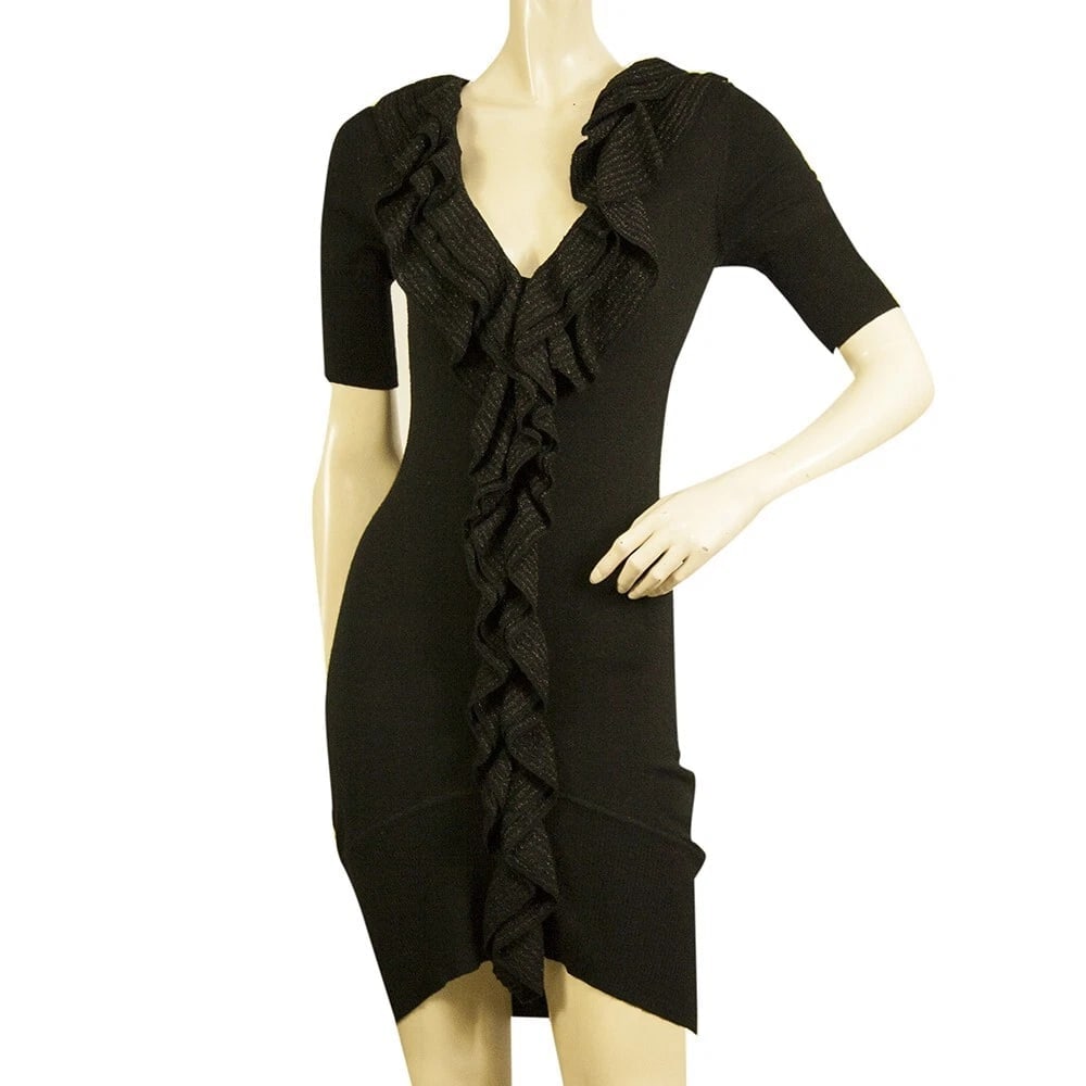 Karen Millen Black Ruffled Front Mini Length Short Sleeve Woolen Knit dress Sz 1 (1 of 7)