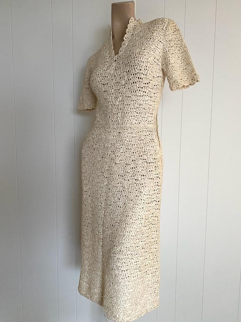 Vintage 1940s Crochet Ribbon Dress Sz S Up to W28 - 2