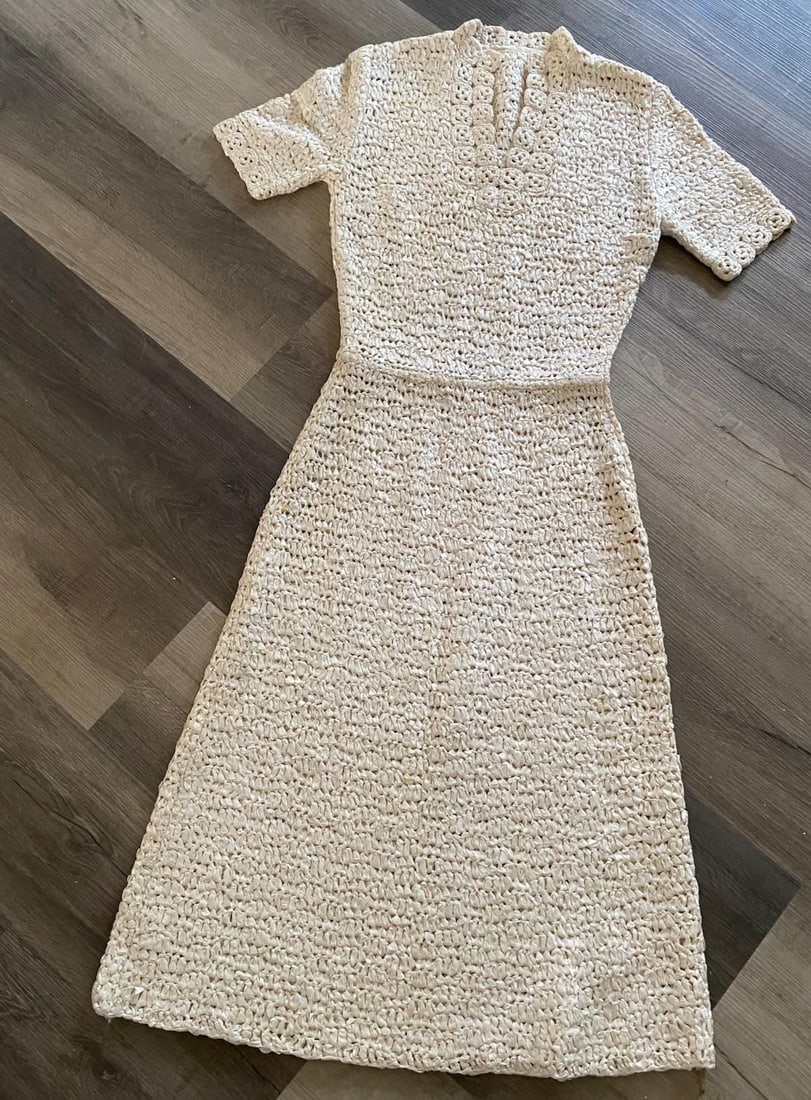 Vintage 1940s Crochet Ribbon Dress Sz S Up to W28 - 3