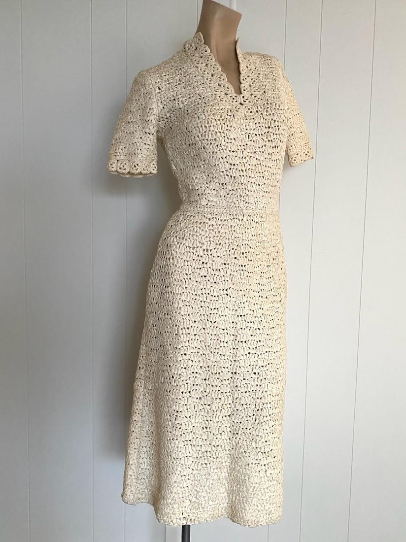 Vintage 1940s Crochet Ribbon Dress Sz S Up to W28 - 4