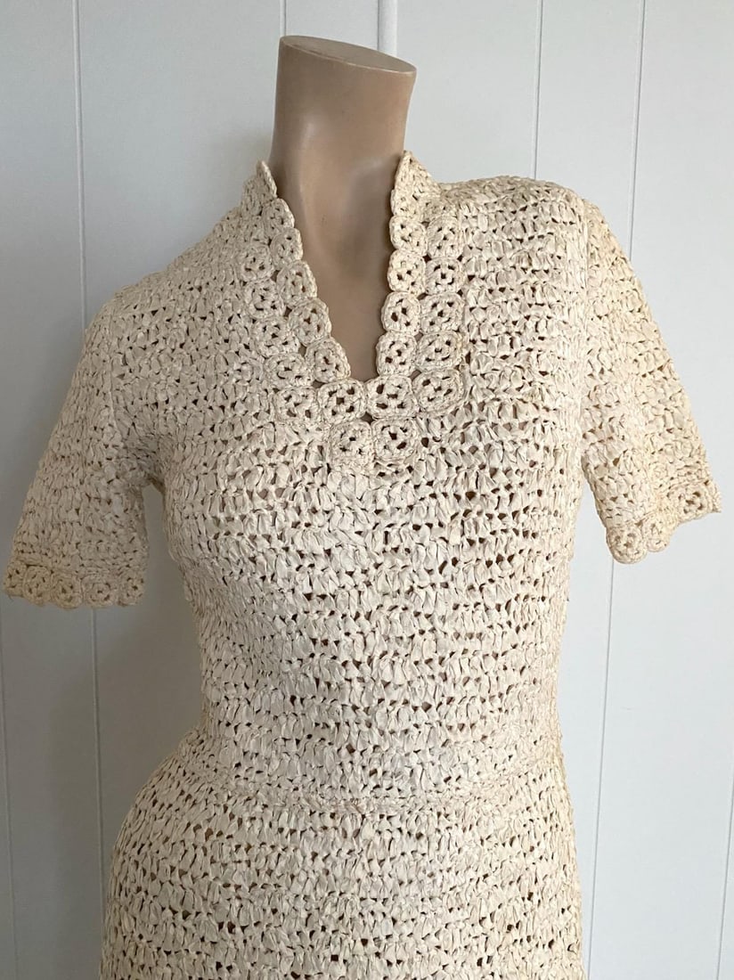 Vintage 1940s Crochet Ribbon Dress Sz S Up to W28 - 5