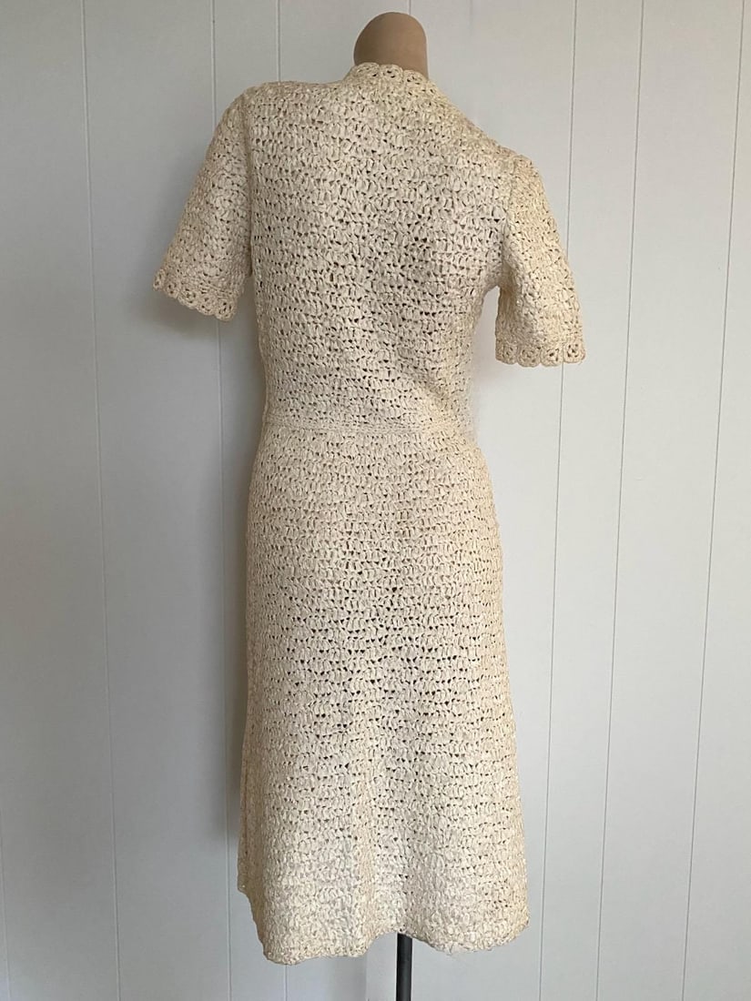 Vintage 1940s Crochet Ribbon Dress Sz S Up to W28 - 7