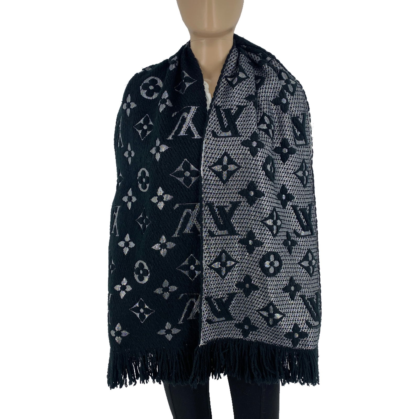 Louis Vuitton Black & Silver Thick Wool & Silk Scarf (1 of 9)