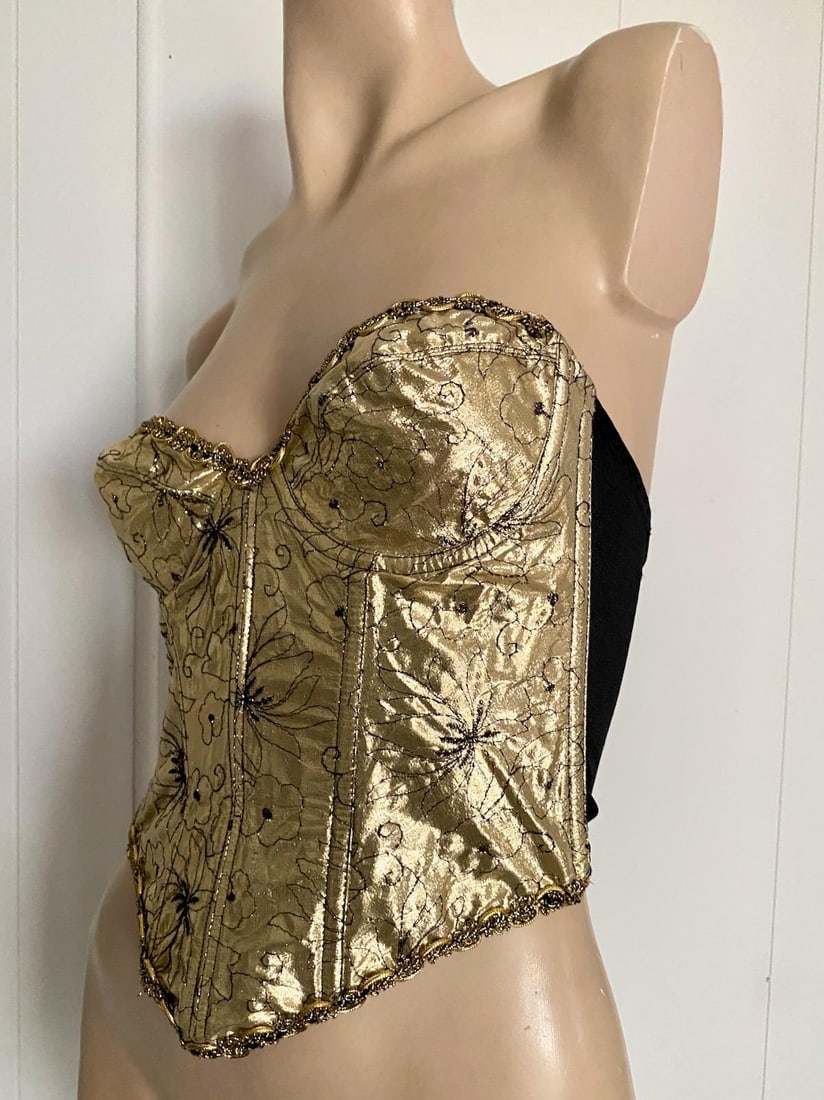 Vintage 1980s Gold Metallic Corset Top Shaper Strapless Bra B34 - 3