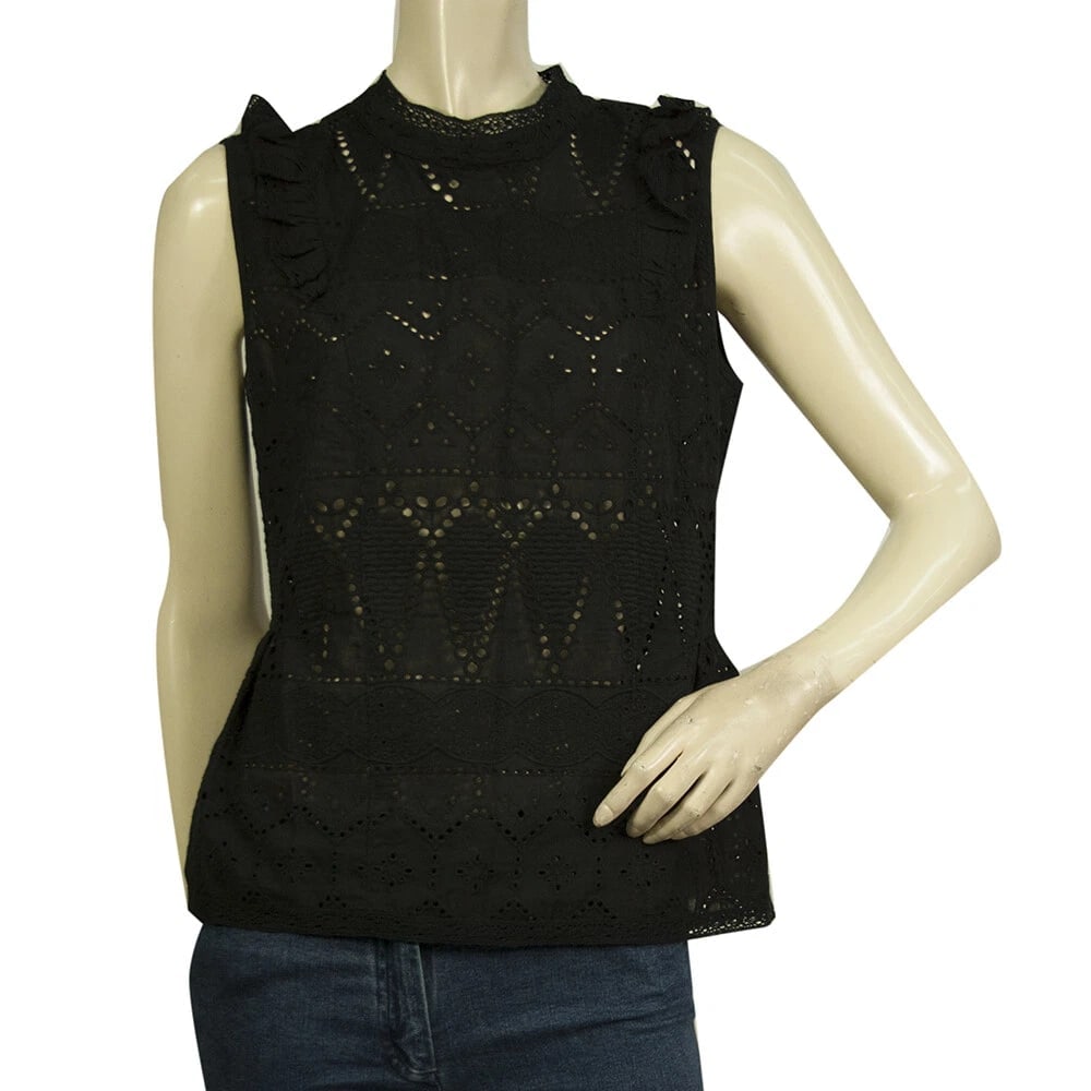 Tigha Romantic Black Broderie Cotton Blouse Sleeveless Top size M (1 of 6)