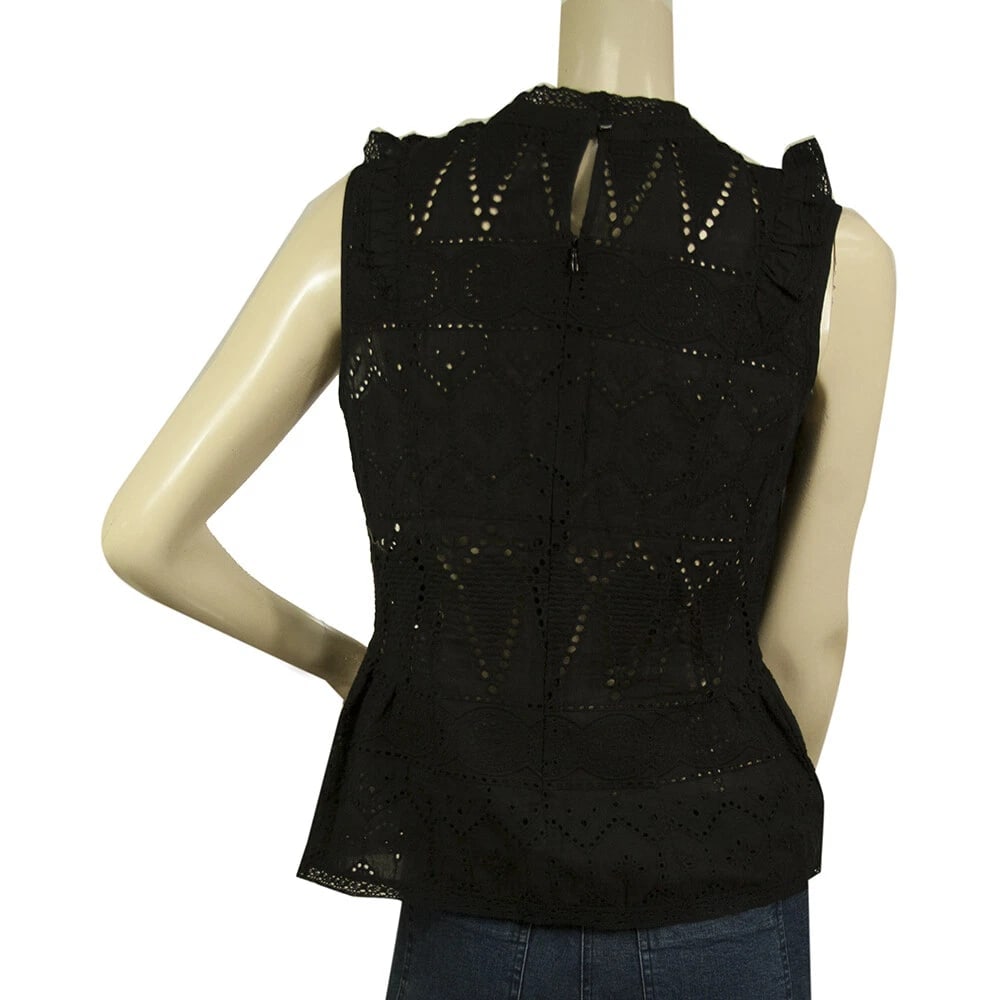 Tigha Romantic Black Broderie Cotton Blouse Sleeveless Top size M - 2