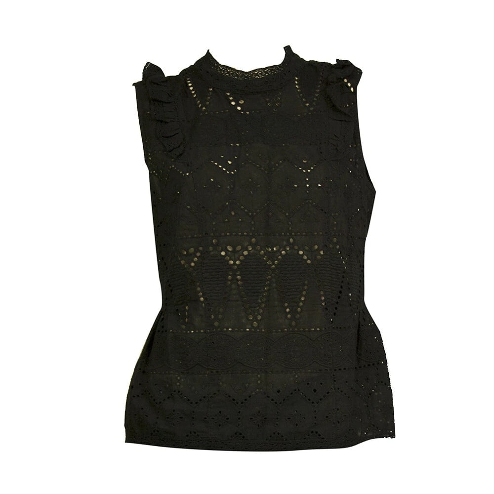Tigha Romantic Black Broderie Cotton Blouse Sleeveless Top size M - 6