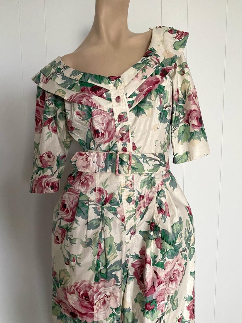 Vintage 1980s Floral Print Jumpsuit Karen Alexander Sz M L - 2