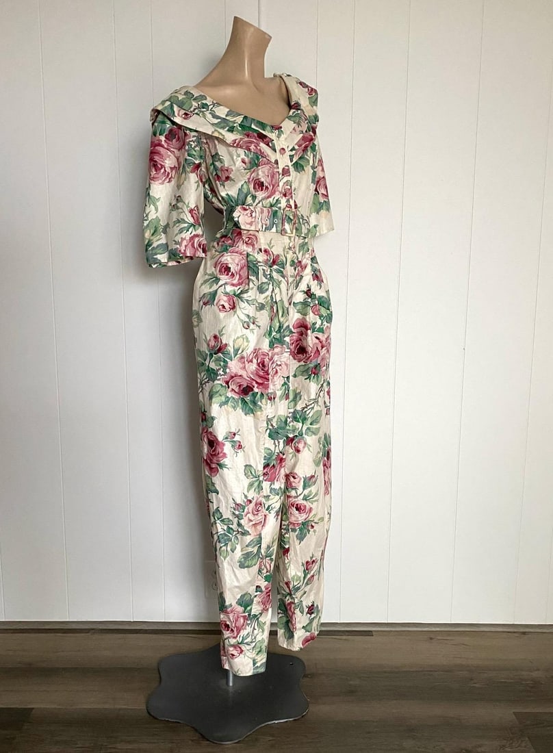 Vintage 1980s Floral Print Jumpsuit Karen Alexander Sz M L - 3