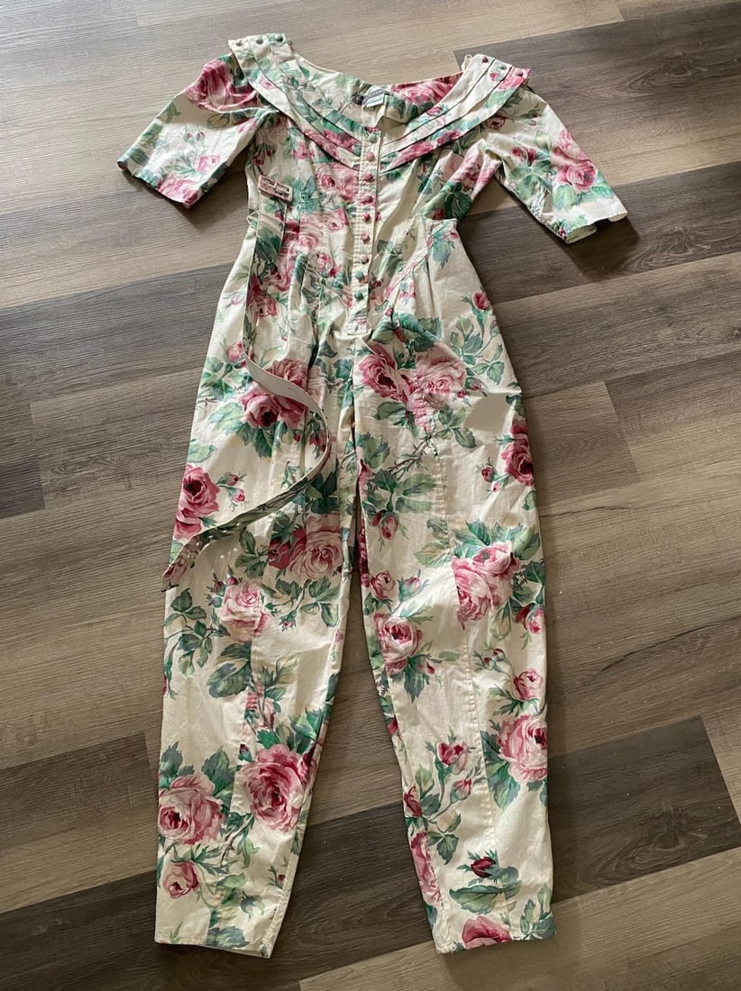 Vintage 1980s Floral Print Jumpsuit Karen Alexander Sz M L - 4