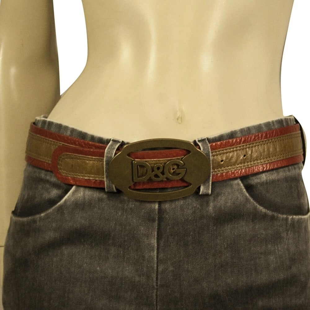DOLCE & GABBANA WOMAN'S Two Tone Brown Leather Brass Tone HW BELT Size 85 - 5