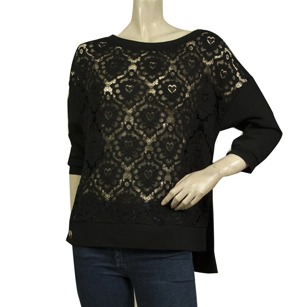 Philipp Plein Black Sheer Lace Front Rhinestones Skull logo Top Blouse Size S (1 of 6)