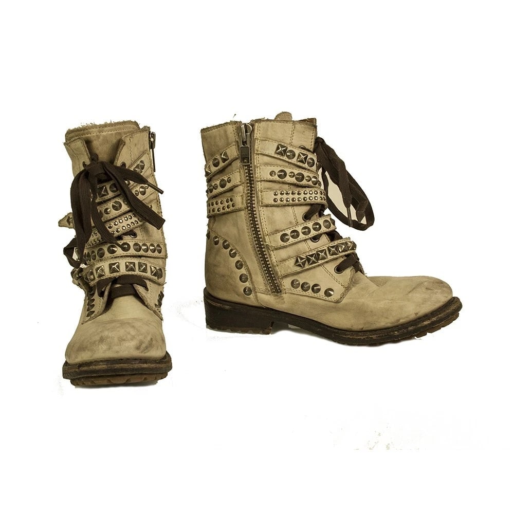 Ash Beige Leather Studded Straps Low Heel Zipper Ankle Boot Booties Shoes 40 (1 of 8)