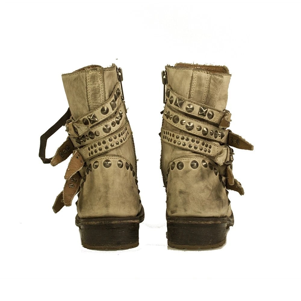 Ash Beige Leather Studded Straps Low Heel Zipper Ankle Boot Booties Shoes 40 - 3