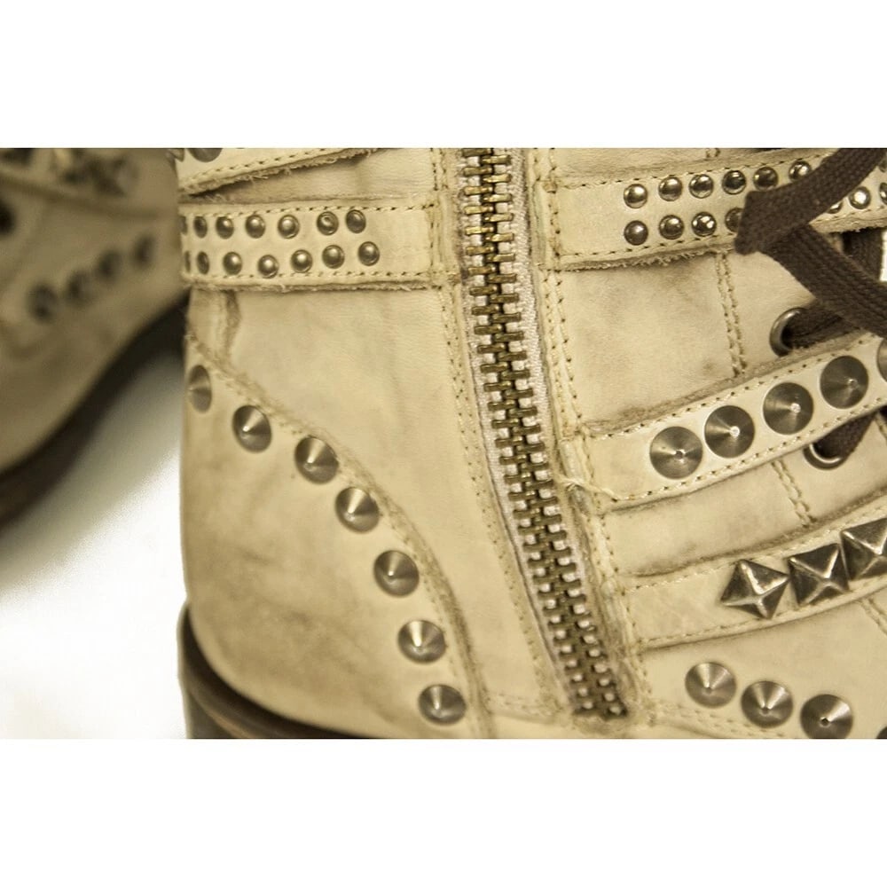Ash Beige Leather Studded Straps Low Heel Zipper Ankle Boot Booties Shoes 40 - 8