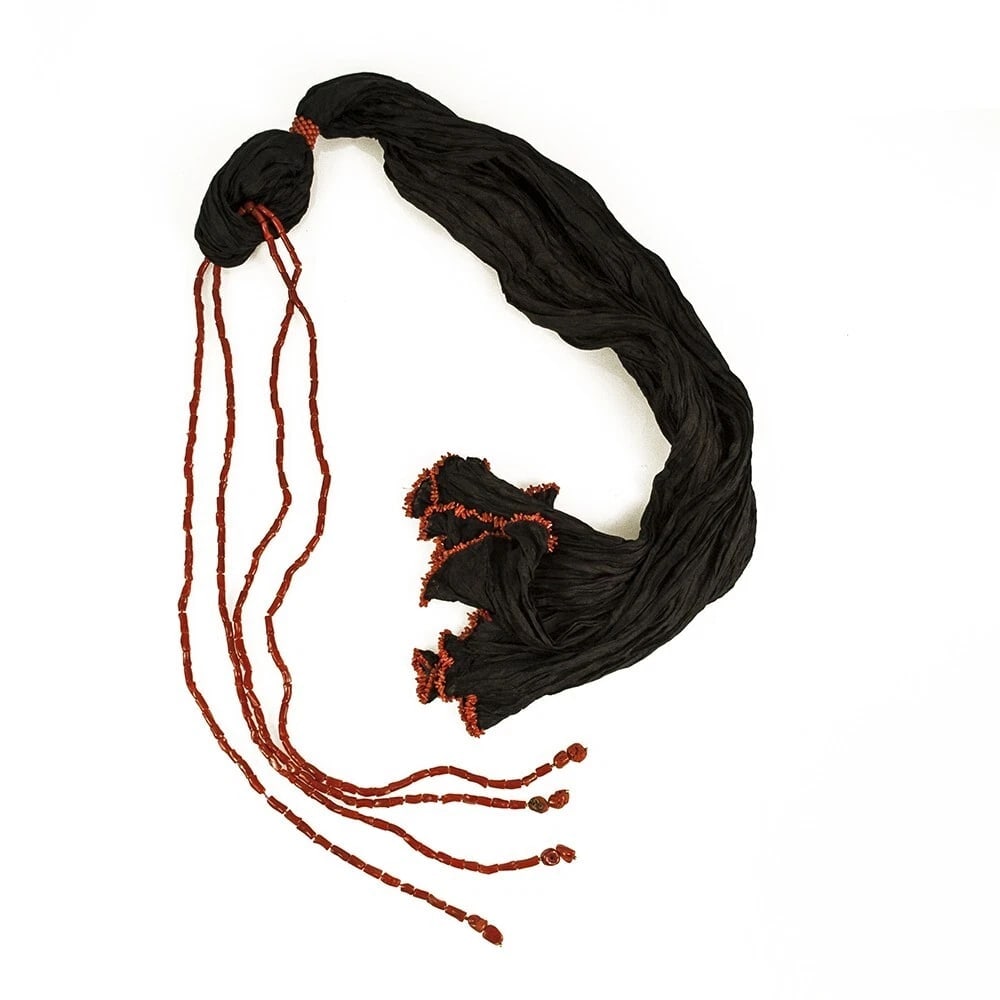 D A Anagnostopoulos Mykonos Black Fabric Red Corals Scarf Necklace: Title:D A Anagnostopoulos Mykonos Black Fabric Red Corals Scarf NecklaceDescription:Prada Silk Ribbon & Embellished Covered Beads Strand Necklace D A Anagnostopoulos Mykonos Black Fabric Red Corals