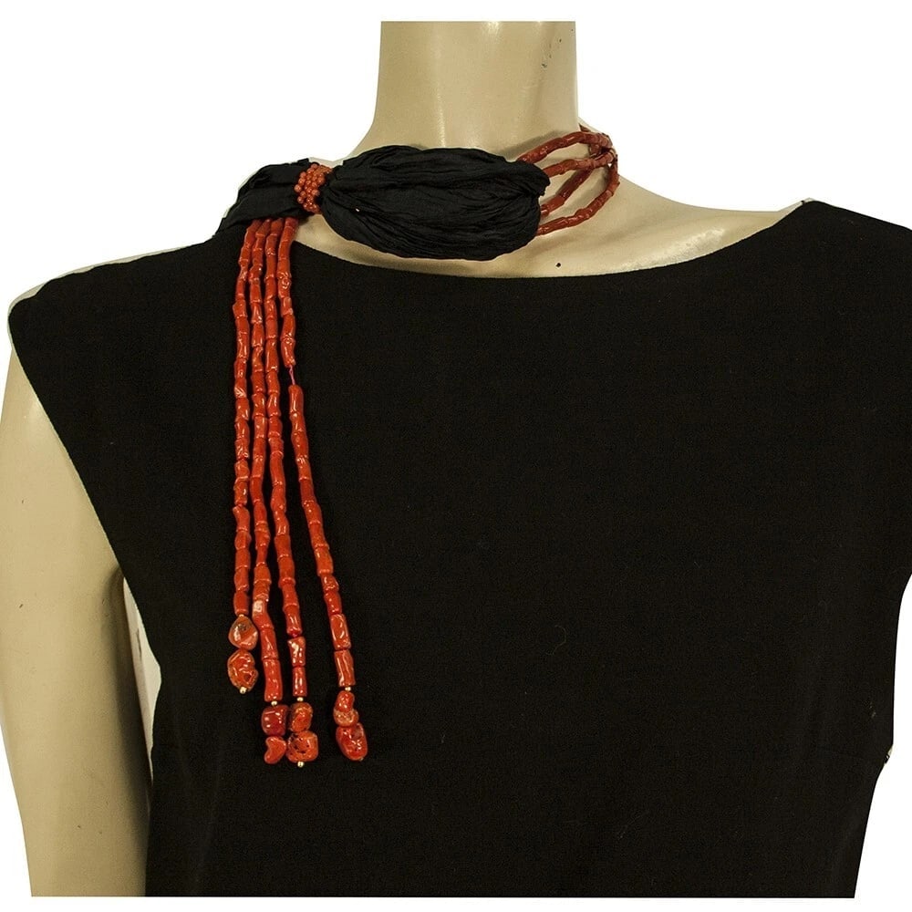D A Anagnostopoulos Mykonos Black Fabric Red Corals Scarf Necklace - 3