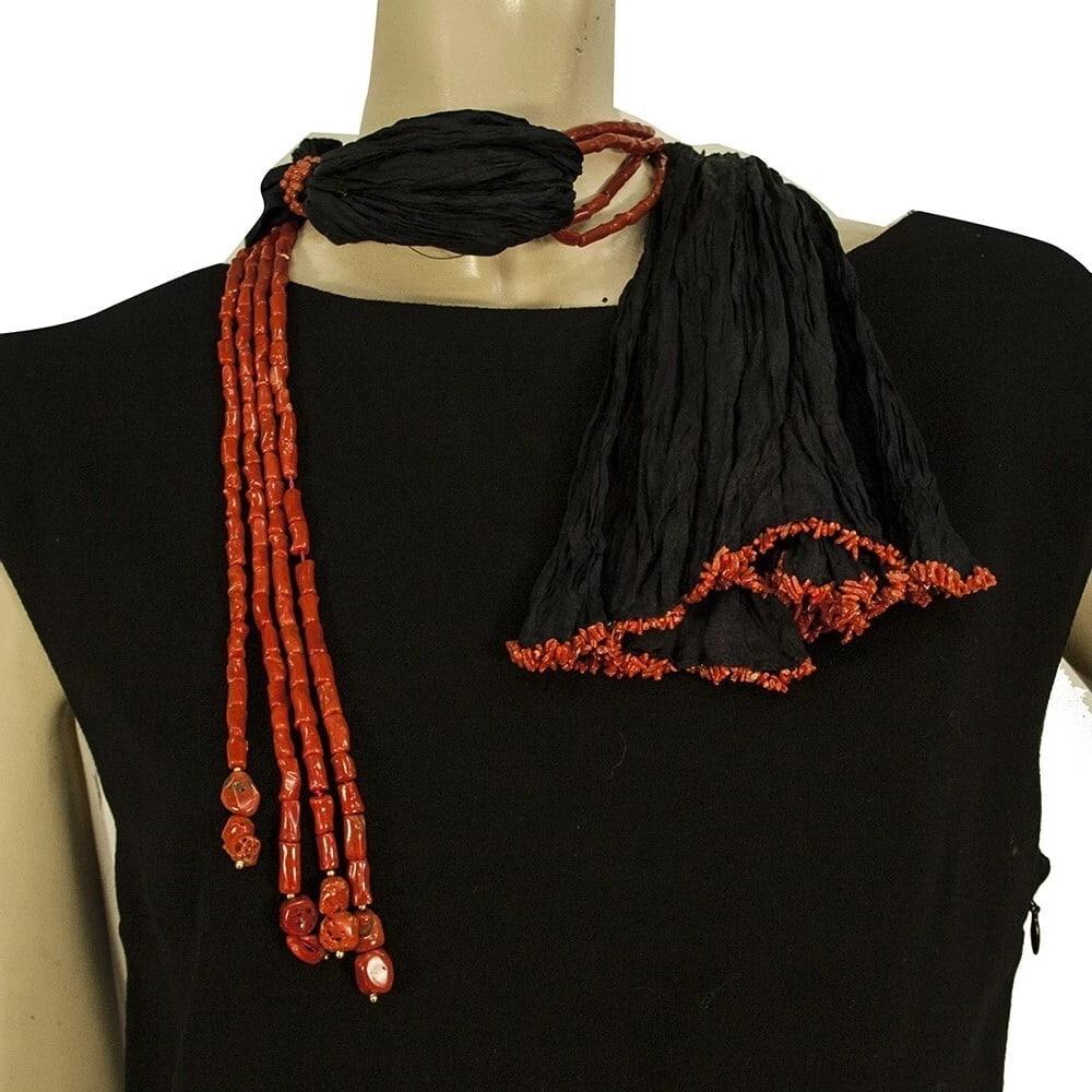 D A Anagnostopoulos Mykonos Black Fabric Red Corals Scarf Necklace - 4