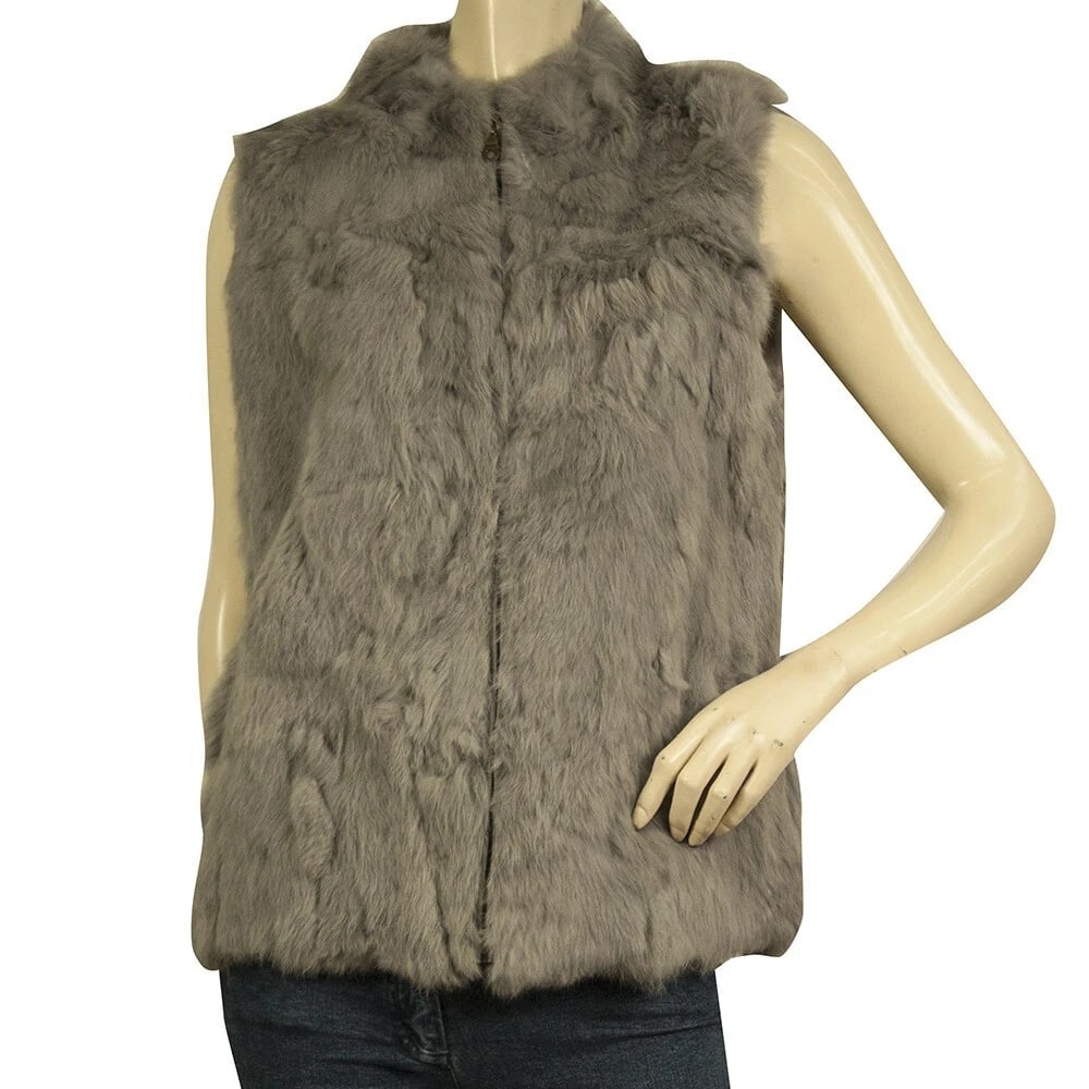 Genuine Rabbit Fur Gray Vest Sleeveless Jacket w. Zipper Coat Winter Gillet S/ M (1 of 6)