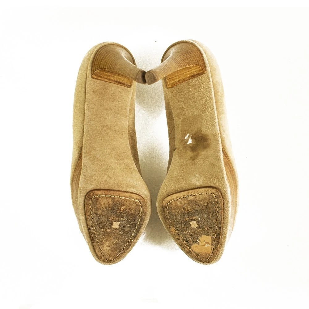 Brian Atwood Beige Suede Open Toe Pumps Slim High Wooden Heels Shoes sz 37 - 3