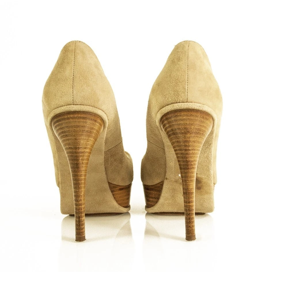 Brian Atwood Beige Suede Open Toe Pumps Slim High Wooden Heels Shoes sz 37 - 7