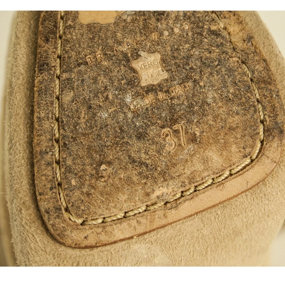 Brian Atwood Beige Suede Open Toe Pumps Slim High Wooden Heels Shoes sz 37 - 8