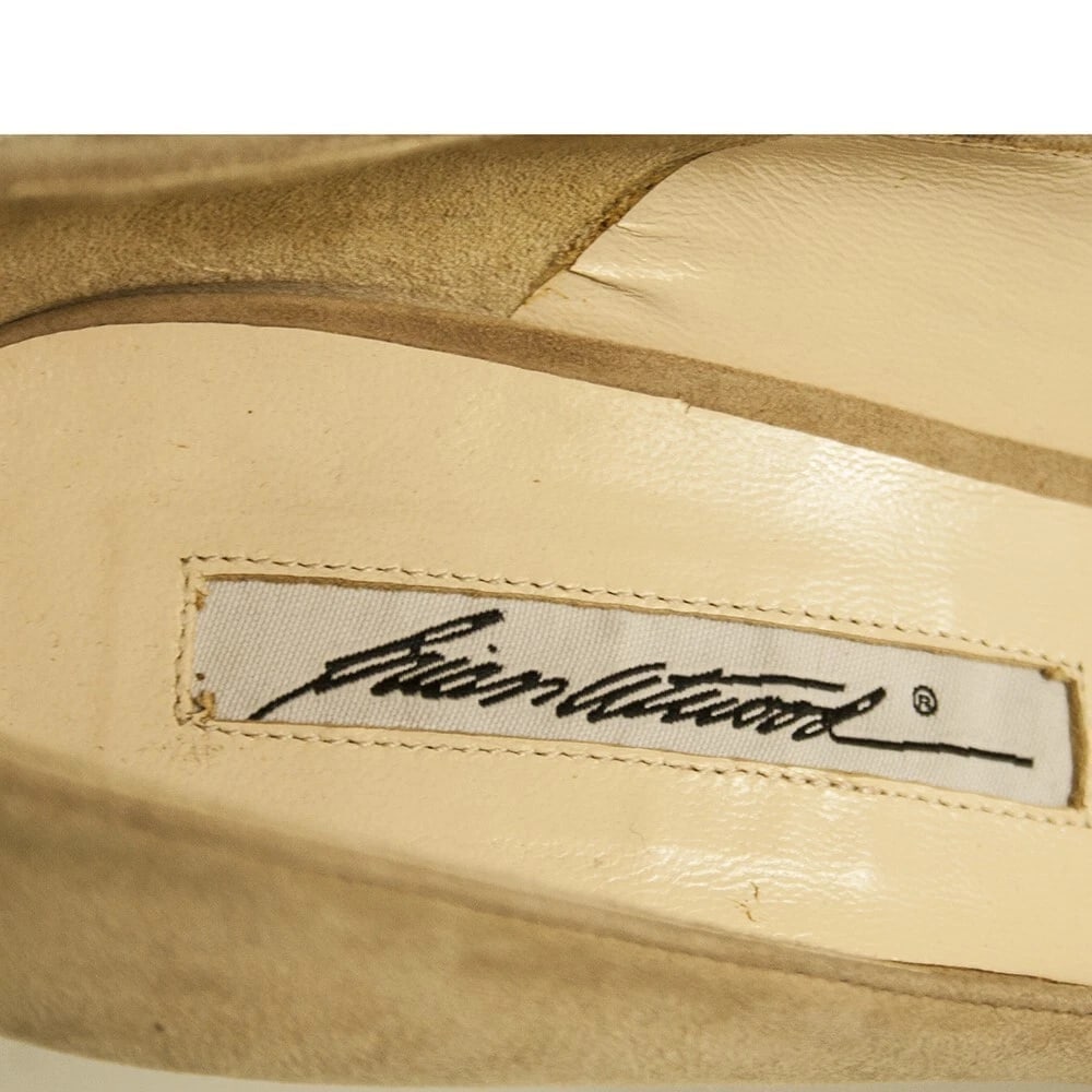 Brian Atwood Beige Suede Open Toe Pumps Slim High Wooden Heels Shoes sz 37 - 9