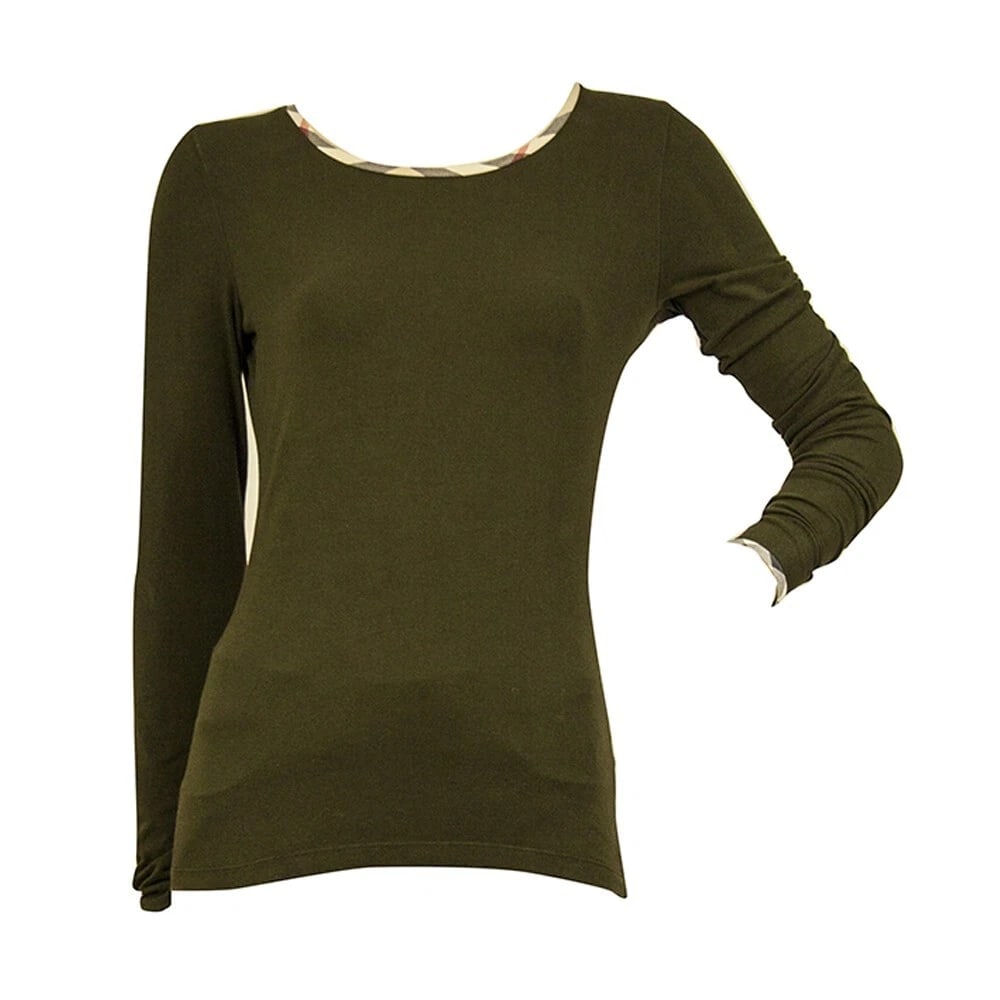 Burberry Green Long Sleeve Check Trimming Elastic T- Shirt top size XS - 6