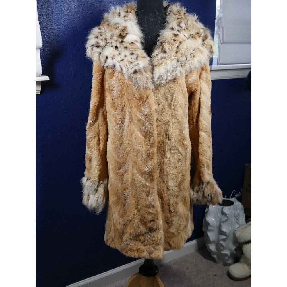 Beautiful Blond Sheared Chevron Nutria & Spotted Lynx Hood Fur Coat Jacket (1 of 5)