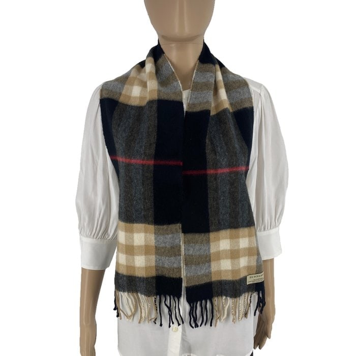 Burberry Navy Blue Plaid 100% Cashmere Scarf (1 of 8)