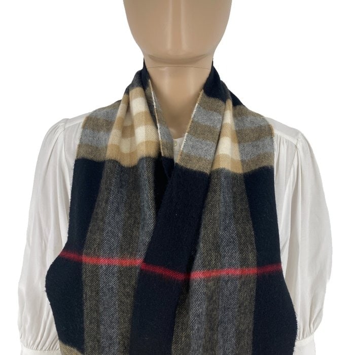 Burberry Navy Blue Plaid 100% Cashmere Scarf - 2