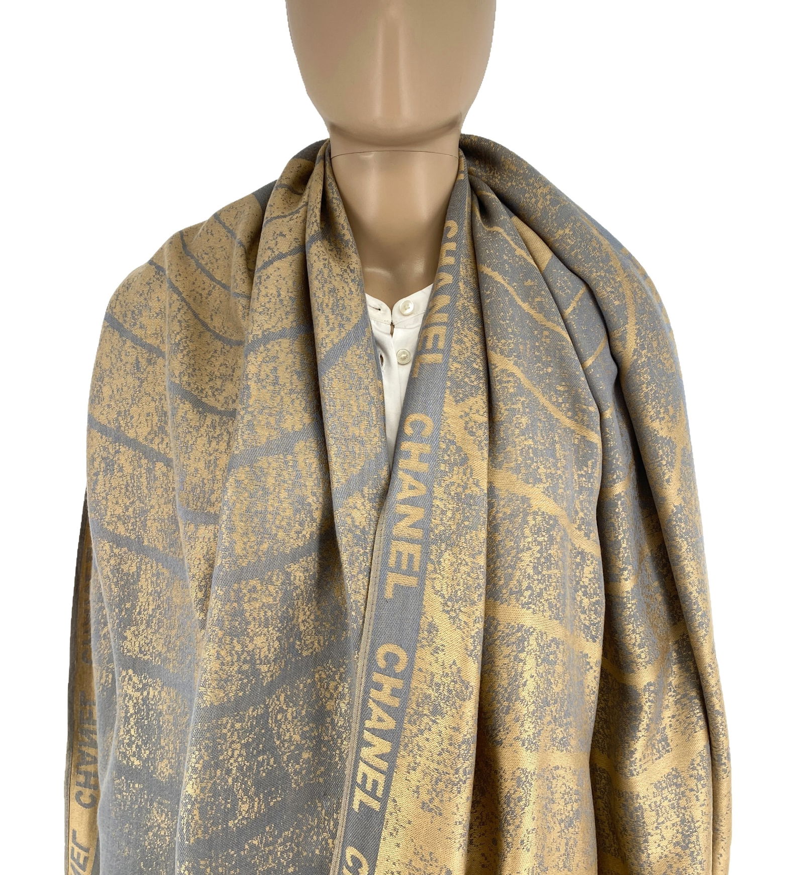Chanel 100% Soft Thin Wool Gold & Grey Large Shawl - 2