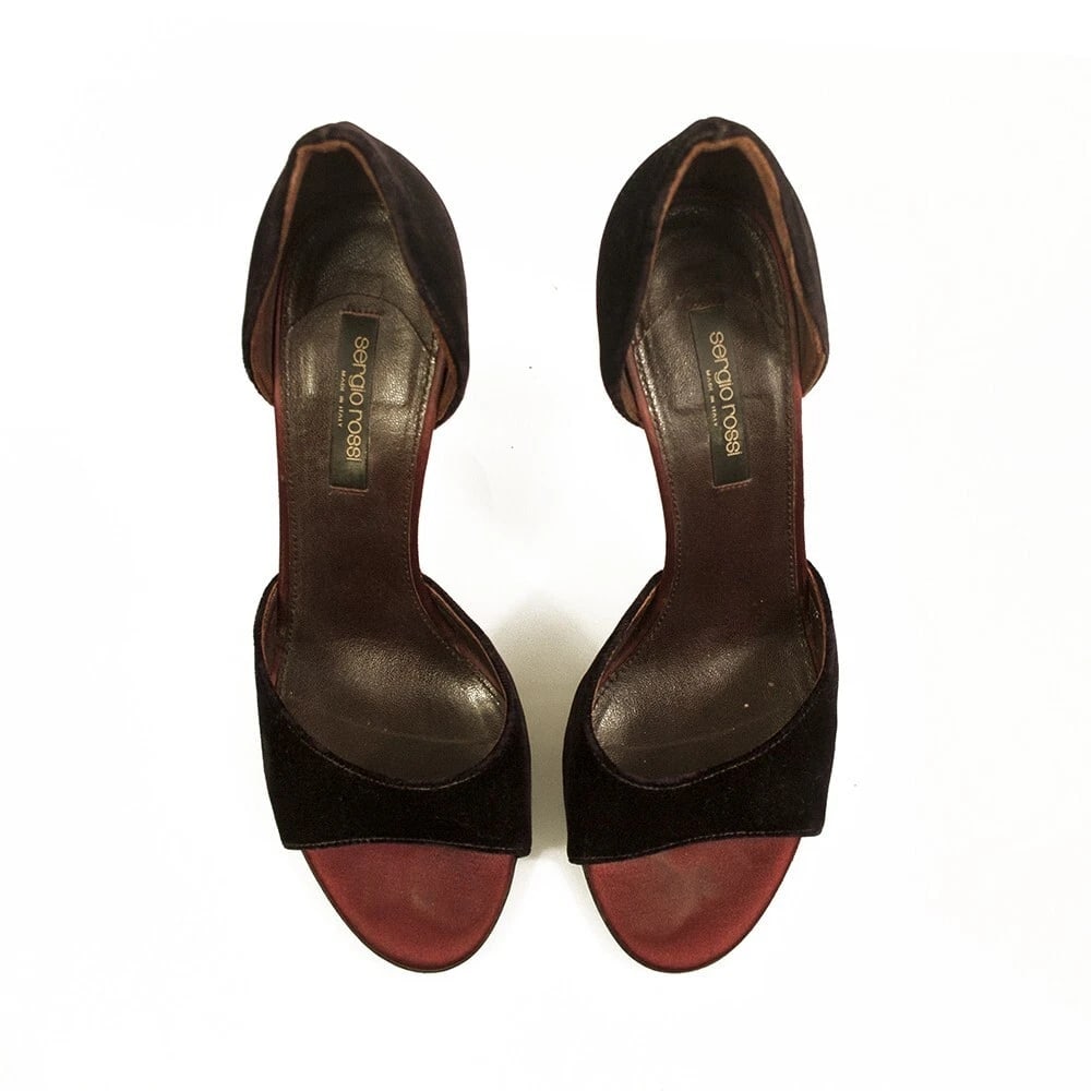 Sergio Rossi Burgundy Velvet & Satin Heel Peep Toe Pumps Shoes size 39 - 5