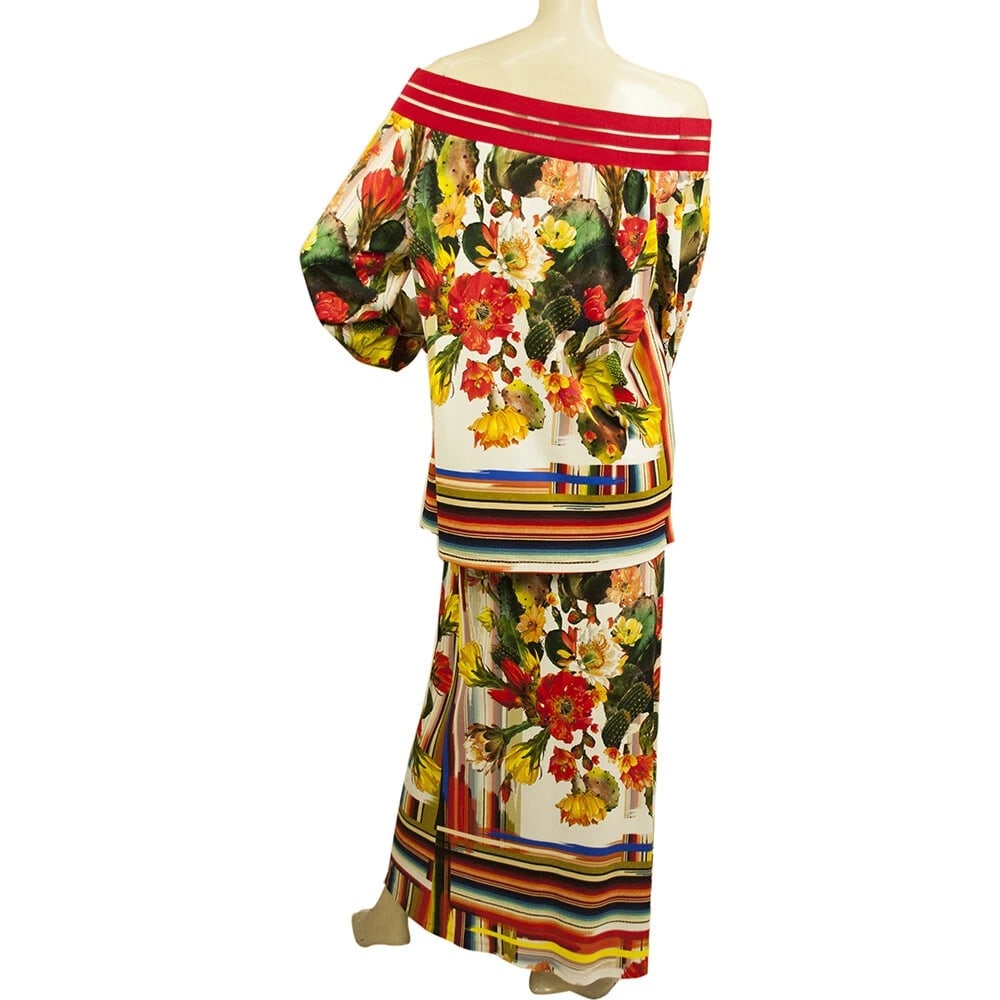 Fuzzi Multicolor Cactus Flowers Off Shoulder Top Long Maxi Skirt Set size S - 2