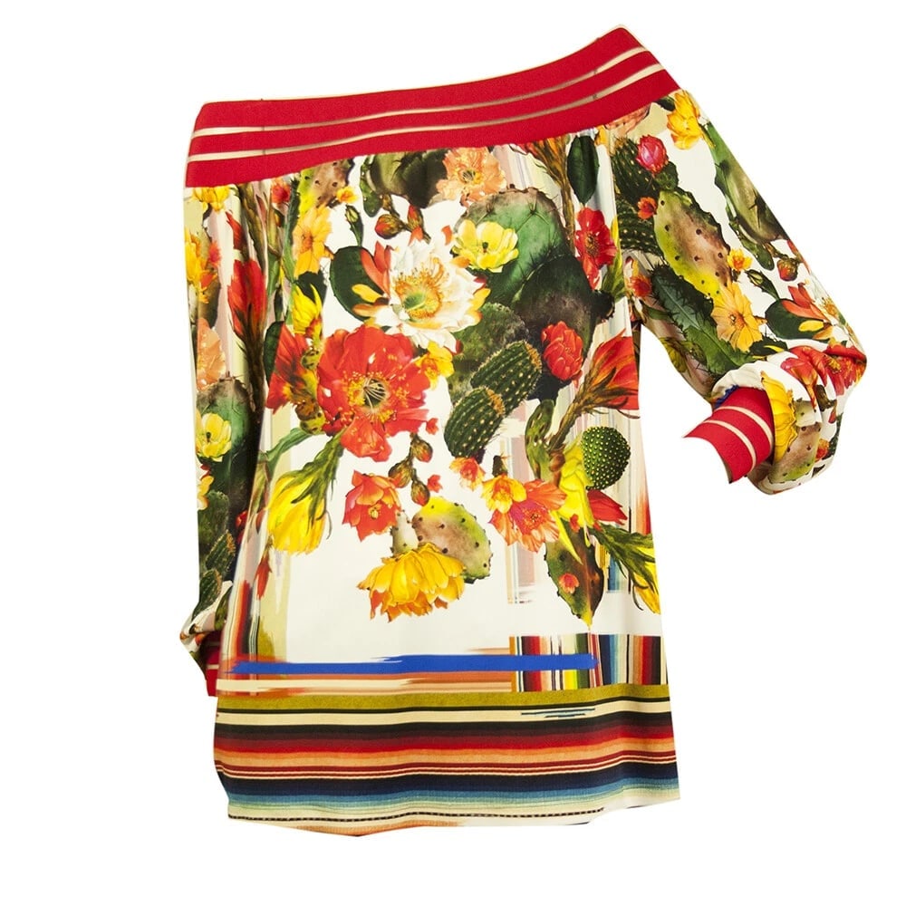 Fuzzi Multicolor Cactus Flowers Off Shoulder Top Long Maxi Skirt Set size S - 3